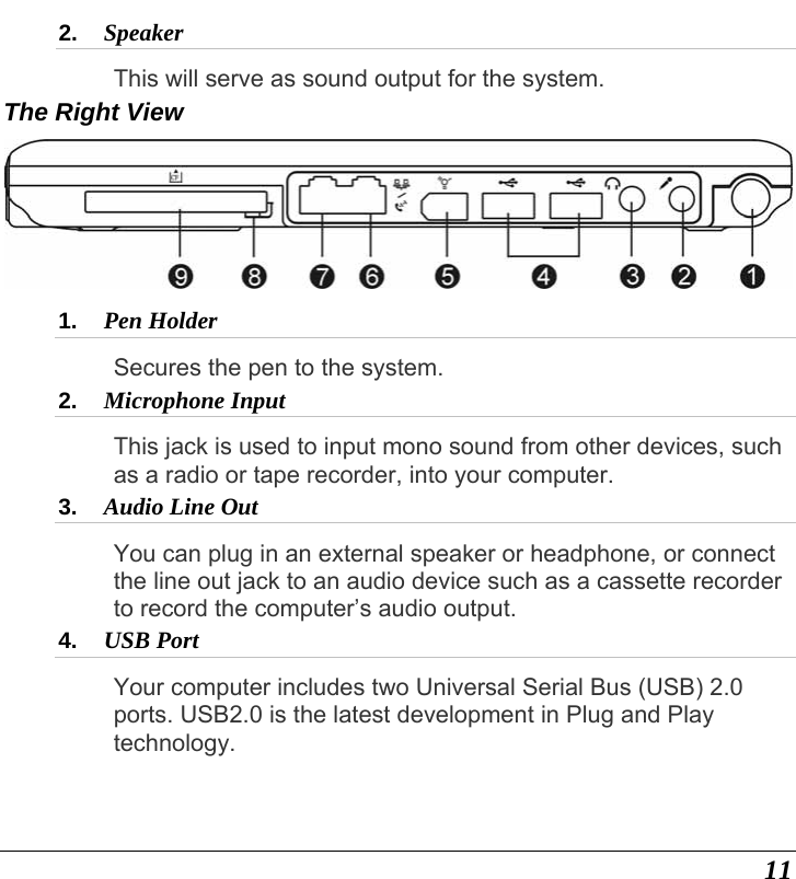  11 2.  Speaker This will serve as sound output for the system. The Right View  1.  Pen Holder  Secures the pen to the system. 2.  Microphone Input  This jack is used to input mono sound from other devices, such as a radio or tape recorder, into your computer. 3.  Audio Line Out  You can plug in an external speaker or headphone, or connect the line out jack to an audio device such as a cassette recorder to record the computer’s audio output. 4.  USB Port  Your computer includes two Universal Serial Bus (USB) 2.0 ports. USB2.0 is the latest development in Plug and Play technology.  
