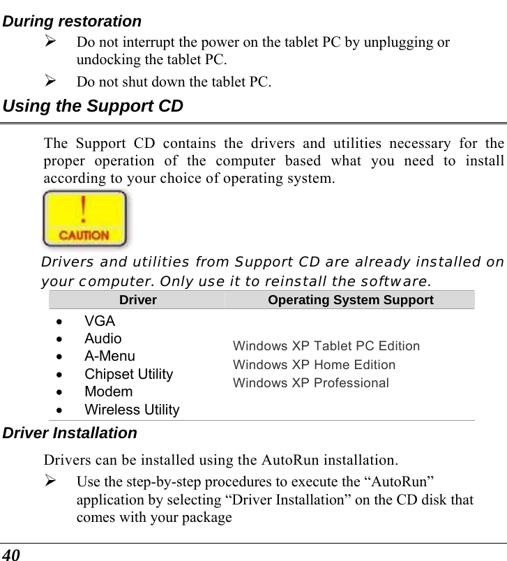  40 During restoration ¾ Do not interrupt the power on the tablet PC by unplugging or undocking the tablet PC. ¾ Do not shut down the tablet PC. Using the Support CD The Support CD contains the drivers and utilities necessary for the proper operation of the computer based what you need to install according to your choice of operating system.   Drivers and utilities from Support CD are already installed on your computer. Only use it to reinstall the software. Driver  Operating System Support • VGA • Audio • A-Menu • Chipset Utility • Modem • Wireless Utility Windows XP Tablet PC Edition Windows XP Home Edition Windows XP Professional Driver Installation Drivers can be installed using the AutoRun installation. ¾ Use the step-by-step procedures to execute the “AutoRun” application by selecting “Driver Installation” on the CD disk that comes with your package 