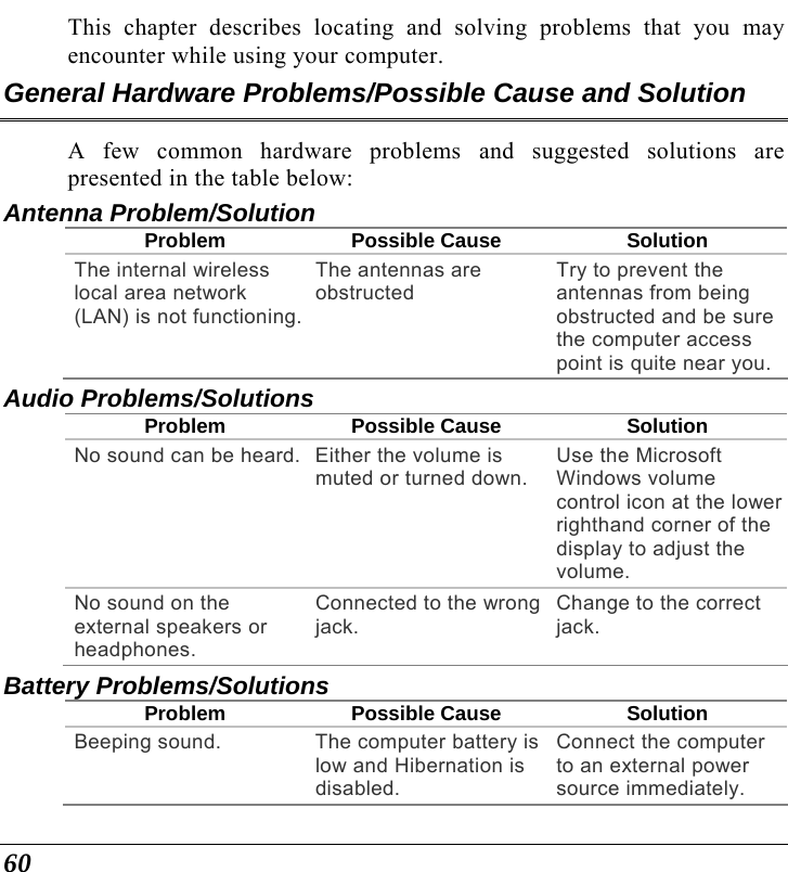  60 This chapter describes locating and solving problems that you may encounter while using your computer. General Hardware Problems/Possible Cause and Solution A few common hardware problems and suggested solutions are presented in the table below: Antenna Problem/Solution Problem Possible Cause Solution The internal wireless local area network (LAN) is not functioning.The antennas are obstructed Try to prevent the antennas from being obstructed and be sure the computer access point is quite near you. Audio Problems/Solutions Problem Possible Cause Solution No sound can be heard. Either the volume is muted or turned down. Use the Microsoft Windows volume control icon at the lower righthand corner of the display to adjust the volume. No sound on the external speakers or headphones. Connected to the wrong jack. Change to the correct jack. Battery Problems/Solutions Problem Possible Cause Solution Beeping sound.  The computer battery is low and Hibernation is disabled. Connect the computer to an external power source immediately. 