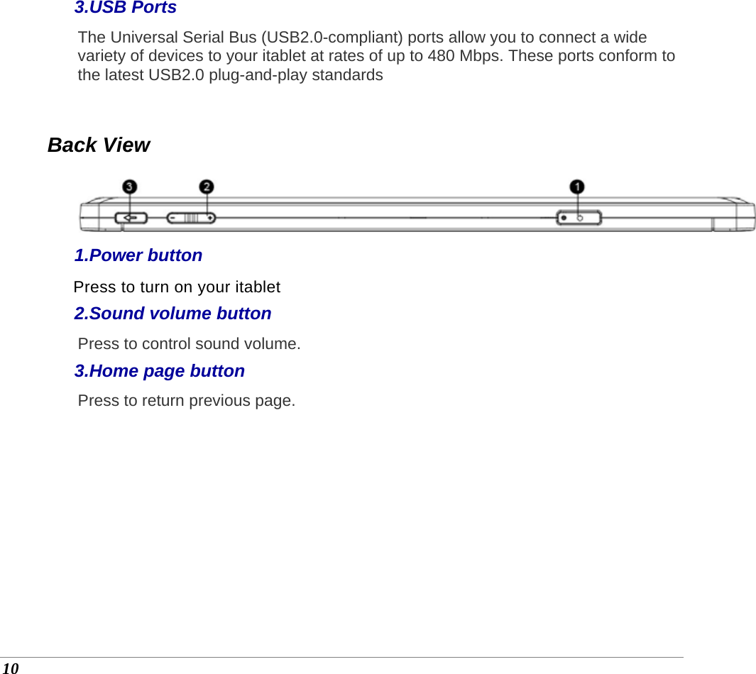  10 3.USB Ports The Universal Serial Bus (USB2.0-compliant) ports allow you to connect a wide variety of devices to your itablet at rates of up to 480 Mbps. These ports conform to the latest USB2.0 plug-and-play standards  Back View  1.Power button Press to turn on your itablet 2.Sound volume button Press to control sound volume. 3.Home page button Press to return previous page.  