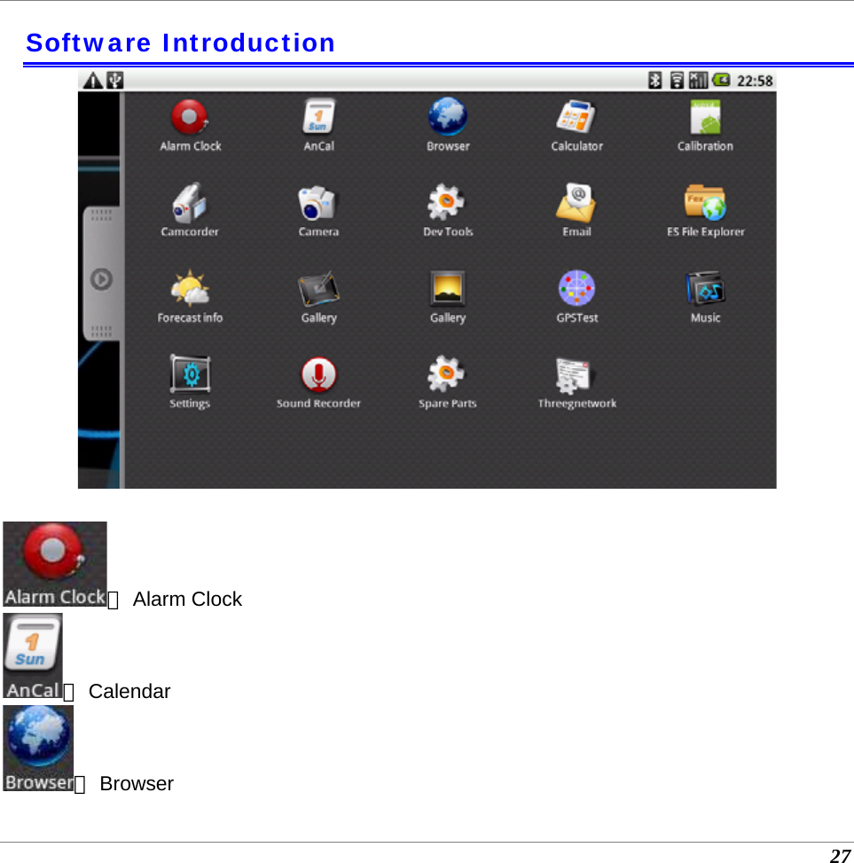  27 Software Introduction   ： Alarm Clock ： Calendar ： Browser 