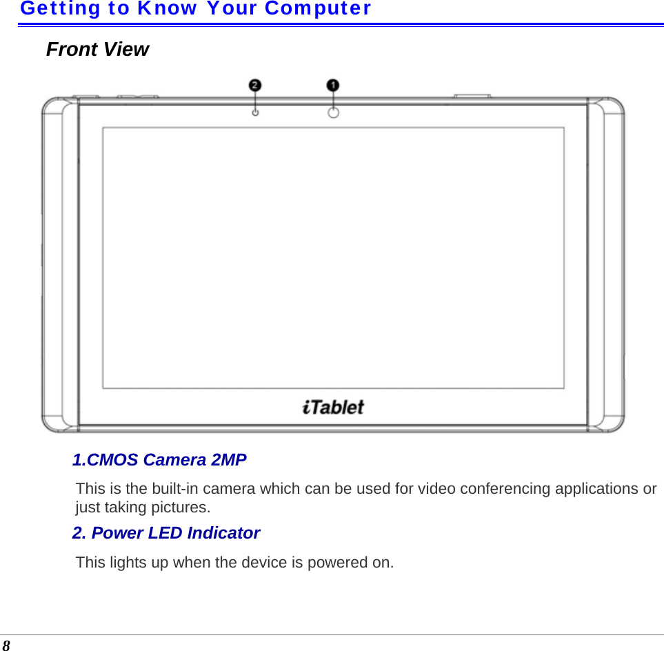  8 Getting to Know Your Computer Front View  1.CMOS Camera 2MP This is the built-in camera which can be used for video conferencing applications or just taking pictures. 2. Power LED Indicator This lights up when the device is powered on. 