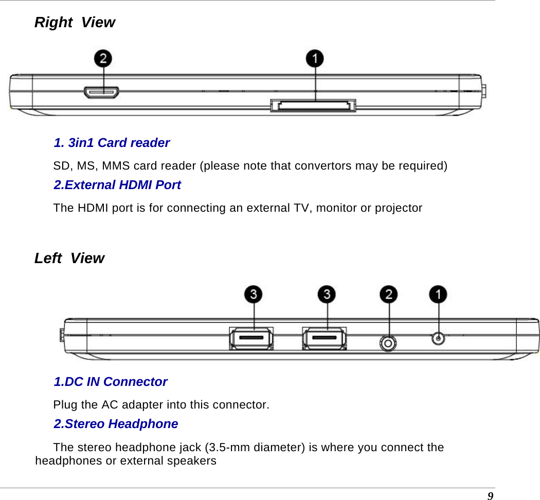  9 Right  View  1. 3in1 Card reader SD, MS, MMS card reader (please note that convertors may be required) 2.External HDMI Port The HDMI port is for connecting an external TV, monitor or projector  Left  View  1.DC IN Connector Plug the AC adapter into this connector. 2.Stereo Headphone The stereo headphone jack (3.5-mm diameter) is where you connect the headphones or external speakers  