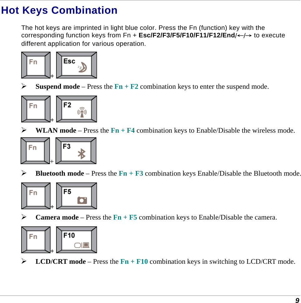 9 Hot Keys Combination The hot keys are imprinted in light blue color. Press the Fn (function) key with the corresponding function keys from Fn + Esc/F2/F3/F5/F10/F11/F12/End/←/→ to execute different application for various operation. +    Suspend mode – Press the Fn + F2 combination keys to enter the suspend mode. +    WLAN mode – Press the Fn + F4 combination keys to Enable/Disable the wireless mode. +    Bluetooth mode – Press the Fn + F3 combination keys Enable/Disable the Bluetooth mode. +    Camera mode – Press the Fn + F5 combination keys to Enable/Disable the camera. +    LCD/CRT mode – Press the Fn + F10 combination keys in switching to LCD/CRT mode. 