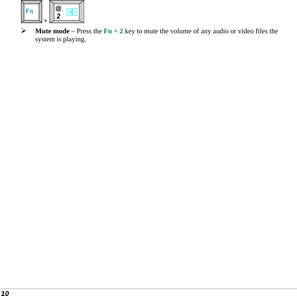  10  +    Mute mode – Press the Fn + 2 key to mute the volume of any audio or video files the system is playing.  