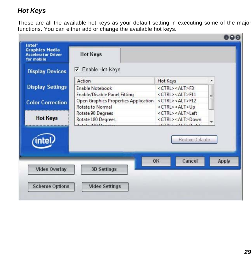  29 Hot Keys These are all the available hot keys as your default setting in executing some of the major functions. You can either add or change the available hot keys.   