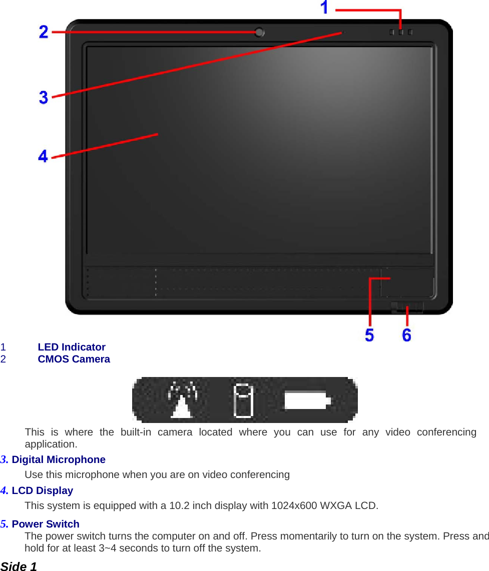  1  LED Indicator   2  CMOS Camera     This is where the built-in camera located where you can use for any video conferencing application.  3. Digital Microphone   Use this microphone when you are on video conferencing   4. LCD Display   This system is equipped with a 10.2 inch display with 1024x600 WXGA LCD.   5. Power Switch   The power switch turns the computer on and off. Press momentarily to turn on the system. Press and hold for at least 3~4 seconds to turn off the system.   Side 1   