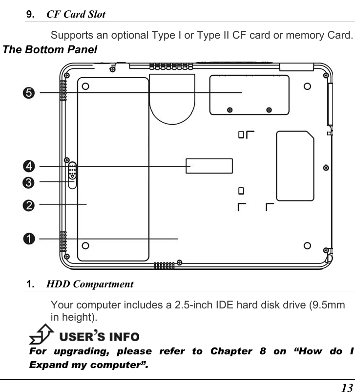  13 9.  CF Card Slot  Supports an optional Type I or Type II CF card or memory Card. The Bottom Panel  1.  HDD Compartment  Your computer includes a 2.5-inch IDE hard disk drive (9.5mm in height).  For upgrading, please refer to Chapter 8 on “How do I Expand my computer”. 
