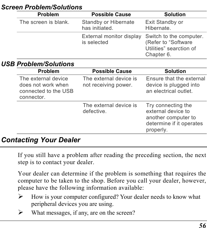  56 Screen Problem/Solutions Problem Possible Cause  Solution The screen is blank.  Standby or Hibernate has initiated. Exit Standby or Hibernate.   External monitor display is selected Switch to the computer.  (Refer to “Software Utilities” searction of Chapter 6. USB Problem/Solutions Problem Possible Cause Solution The external device does not work when connected to the USB connector. The external device is not receiving power. Ensure that the external device is plugged into an electrical outlet.   The external device is defective. Try connecting the external device to another computer to determine if it operates properly. Contacting Your Dealer If you still have a problem after reading the preceding section, the next step is to contact your dealer.  Your dealer can determine if the problem is something that requires the computer to be taken to the shop. Before you call your dealer, however, please have the following information available:   How is your computer configured? Your dealer needs to know what peripheral devices you are using.   What messages, if any, are on the screen? 
