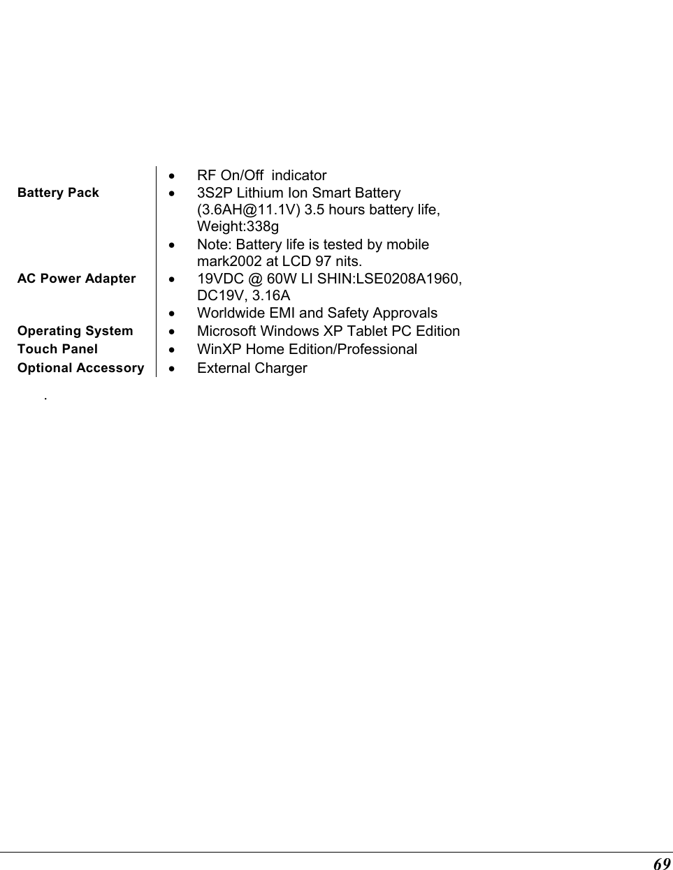  69 •  RF On/Off  indicator Battery Pack  •  3S2P Lithium Ion Smart Battery (3.6AH@11.1V) 3.5 hours battery life, Weight:338g •  Note: Battery life is tested by mobile mark2002 at LCD 97 nits. AC Power Adapter  •  19VDC @ 60W LI SHIN:LSE0208A1960, DC19V, 3.16A •  Worldwide EMI and Safety Approvals Operating System  •  Microsoft Windows XP Tablet PC Edition Touch Panel  •  WinXP Home Edition/Professional Optional Accessory  •  External Charger . 