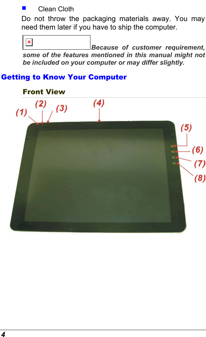  4   Clean Cloth Do not throw the packaging materials away. You may need them later if you have to ship the computer.  Because of customer requirement, some of the features mentioned in this manual might not be included on your computer or may differ slightly. Getting to Know Your Computer Front View  