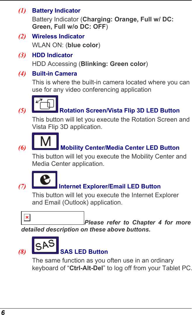  6 (1)  Battery Indicator Battery Indicator (Charging: Orange, Full w/ DC: Green, Full w/o DC: OFF) (2)  Wireless Indicator WLAN ON: (blue color) (3)  HDD Indicator HDD Accessing (Blinking: Green color) (4)  Built-in Camera This is where the built-in camera located where you can use for any video conferencing application (5)   Rotation Screen/Vista Flip 3D LED Button  This button will let you execute the Rotation Screen and Vista Flip 3D application. (6)   Mobility Center/Media Center LED Button  This button will let you execute the Mobility Center and Media Center application. (7)   Internet Explorer/Email LED Button  This button will let you execute the Internet Explorer and Email (Outlook) application. Please refer to Chapter 4 for more detailed description on these above buttons. (8)   SAS LED Button  The same function as you often use in an ordinary keyboard of “Ctrl-Alt-Del” to log off from your Tablet PC.   