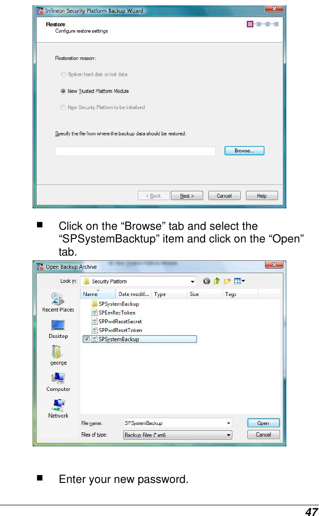  47   Click on the “Browse” tab and select the “SPSystemBacktup” item and click on the “Open” tab.    Enter your new password. 