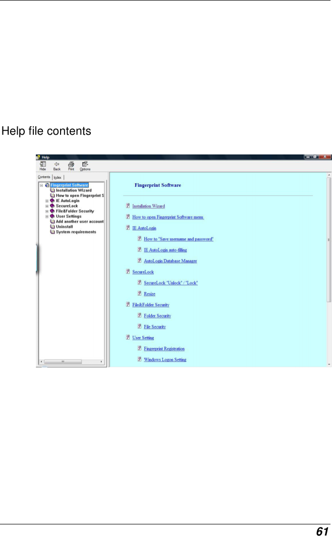  61      Help file contents  