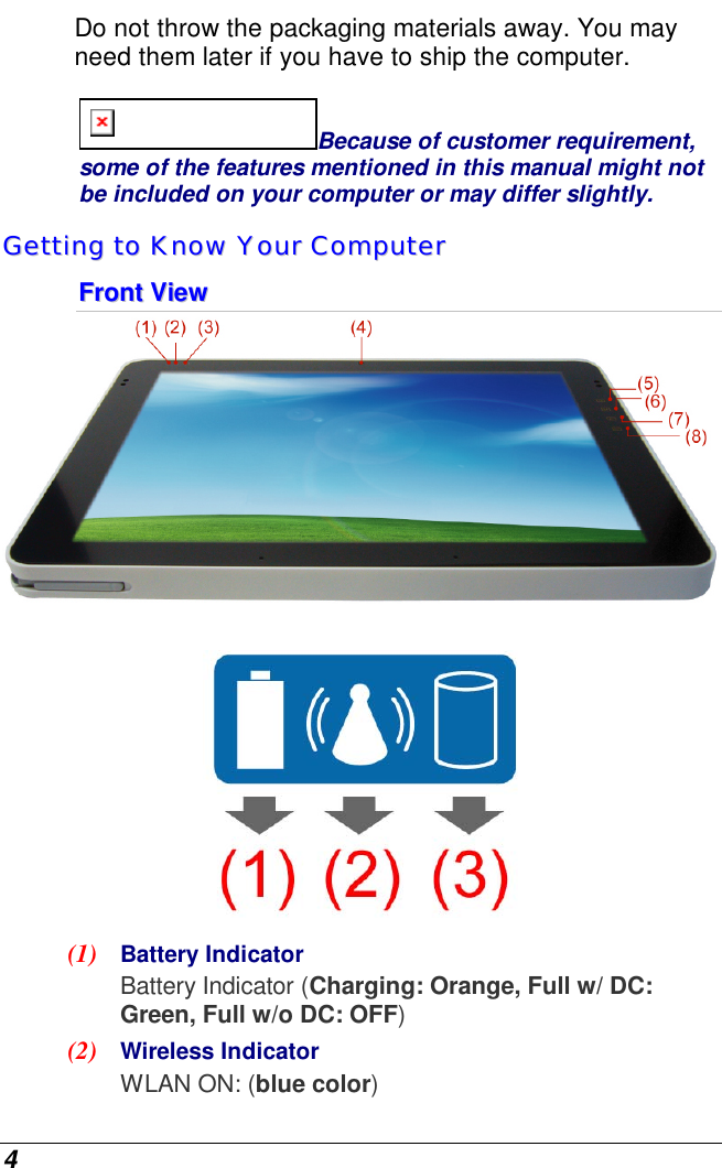  4 Do not throw the packaging materials away. You may need them later if you have to ship the computer.  Because of customer requirement, some of the features mentioned in this manual might not be included on your computer or may differ slightly. GGeettttiinngg  ttoo  KKnnooww  YYoouurr  CCoommppuutteerr  FFrroonntt  VViieeww     (1)  Battery Indicator Battery Indicator (Charging: Orange, Full w/ DC: Green, Full w/o DC: OFF) (2)  Wireless Indicator WLAN ON: (blue color) 