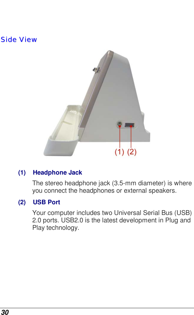  30     SSiiddee  VViieeww   (1)    Headphone Jack  The stereo headphone jack (3.5-mm diameter) is where you connect the headphones or external speakers. (2)    USB Port Your computer includes two Universal Serial Bus (USB) 2.0 ports. USB2.0 is the latest development in Plug and Play technology.        