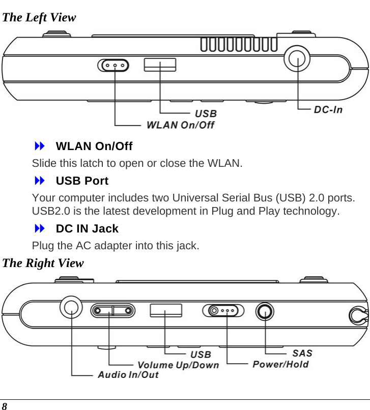  8 The Left View   WLAN On/Off   Slide this latch to open or close the WLAN.  USB Port  Your computer includes two Universal Serial Bus (USB) 2.0 ports. USB2.0 is the latest development in Plug and Play technology.   DC IN Jack  Plug the AC adapter into this jack. The Right View  