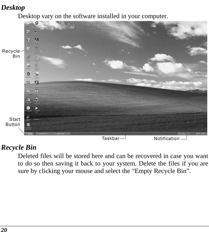  20 Desktop Desktop vary on the software installed in your computer.  Recycle Bin Deleted files will be stored here and can be recovered in case you want to do so then saving it back to your system. Delete the files if you are sure by clicking your mouse and select the “Empty Recycle Bin”. 