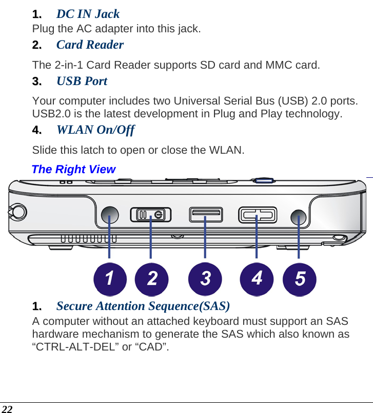  22 11..  DC IN Jack   Plug the AC adapter into this jack. 22..  Card Reader The 2-in-1 Card Reader supports SD card and MMC card. 33..  USB Port   Your computer includes two Universal Serial Bus (USB) 2.0 ports. USB2.0 is the latest development in Plug and Play technology.  44..  WLAN On/Off   Slide this latch to open or close the WLAN. The Right View  11..  Secure Attention Sequence(SAS)  A computer without an attached keyboard must support an SAS hardware mechanism to generate the SAS which also known as “CTRL-ALT-DEL” or “CAD”. 