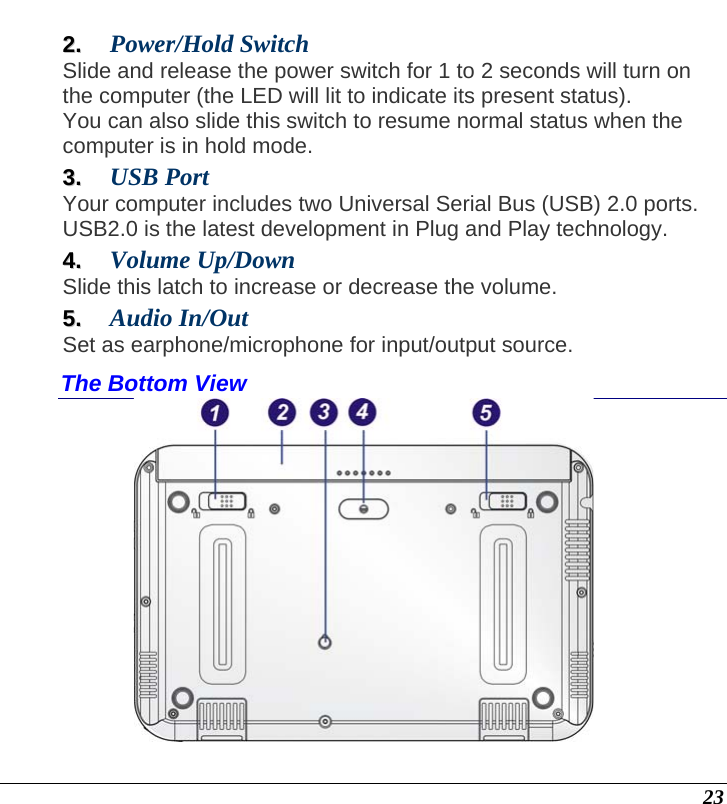  23 22..  Power/Hold Switch   Slide and release the power switch for 1 to 2 seconds will turn on the computer (the LED will lit to indicate its present status).   You can also slide this switch to resume normal status when the computer is in hold mode. 33..  USB Port   Your computer includes two Universal Serial Bus (USB) 2.0 ports. USB2.0 is the latest development in Plug and Play technology.  44..  Volume Up/Down Slide this latch to increase or decrease the volume. 55..  Audio In/Out   Set as earphone/microphone for input/output source. The Bottom View  