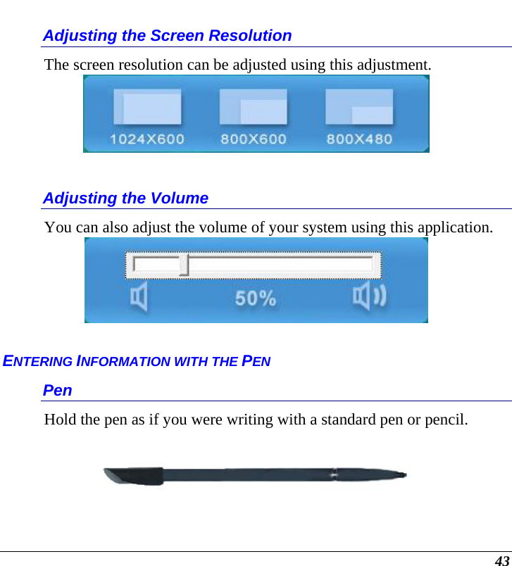  43 Adjusting the Screen Resolution The screen resolution can be adjusted using this adjustment.   Adjusting the Volume You can also adjust the volume of your system using this application.   ENTERING INFORMATION WITH THE PEN Pen Hold the pen as if you were writing with a standard pen or pencil.      