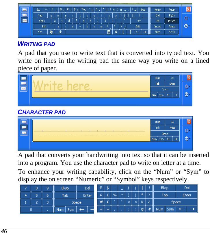  46  WRITING PAD A pad that you use to write text that is converted into typed text. You write on lines in the writing pad the same way you write on a lined piece of paper.  CHARACTER PAD  A pad that converts your handwriting into text so that it can be inserted into a program. You use the character pad to write on letter at a time. To enhance your writing capability, click on the “Num” or “Sym” to display the on screen “Numeric” or “Symbol” keys respectively. 