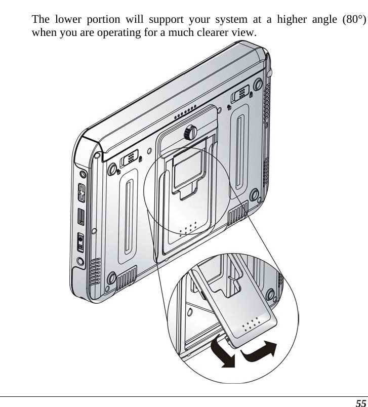  55 The lower portion will support your system at a higher angle (80°) when you are operating for a much clearer view.  