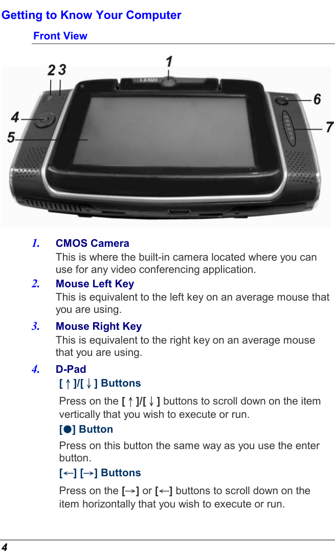  4 Getting to Know Your Computer Front View  1.  CMOS Camera This is where the built-in camera located where you can use for any video conferencing application. 2.  Mouse Left Key This is equivalent to the left key on an average mouse that you are using. 3.  Mouse Right Key This is equivalent to the right key on an average mouse that you are using. 4.  D-Pad  [↑]/[↓] Buttons Press on the [↑]/[↓] buttons to scroll down on the item vertically that you wish to execute or run.  [z] Button Press on this button the same way as you use the enter button. [←] [→] Buttons Press on the [→] or [←] buttons to scroll down on the item horizontally that you wish to execute or run. 