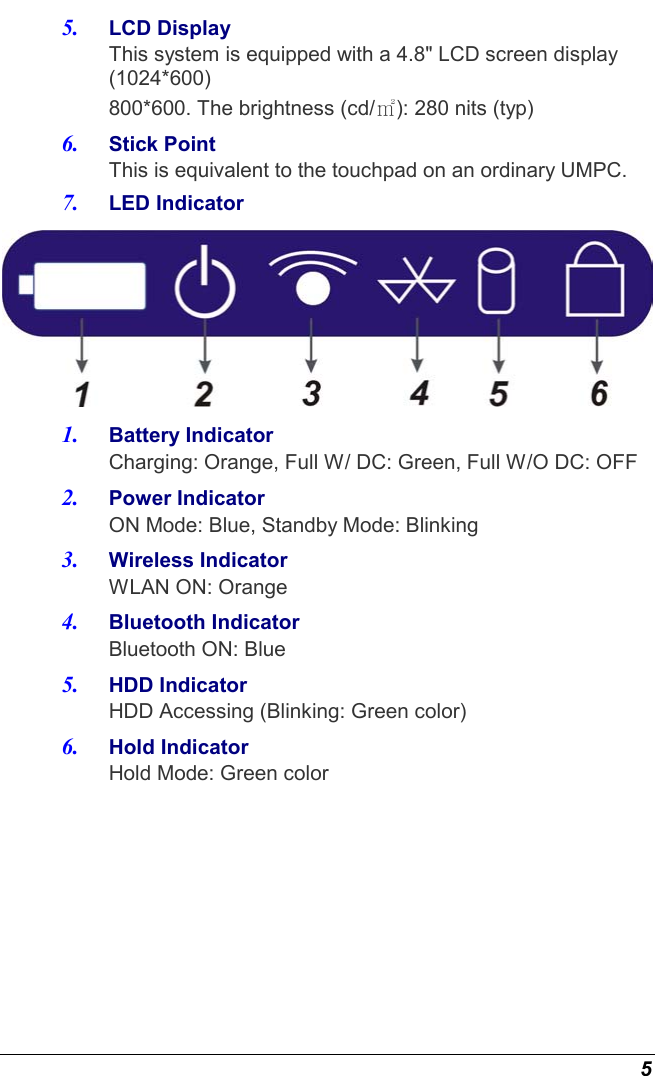  5 5.  LCD Display This system is equipped with a 4.8&quot; LCD screen display (1024*600) 800*600. The brightness (cd/㎡): 280 nits (typ) 6.  Stick Point This is equivalent to the touchpad on an ordinary UMPC. 7.  LED Indicator  1.  Battery Indicator Charging: Orange, Full W/ DC: Green, Full W/O DC: OFF 2.  Power Indicator ON Mode: Blue, Standby Mode: Blinking 3.  Wireless Indicator WLAN ON: Orange 4.  Bluetooth Indicator Bluetooth ON: Blue 5.  HDD Indicator HDD Accessing (Blinking: Green color) 6.  Hold Indicator Hold Mode: Green color 