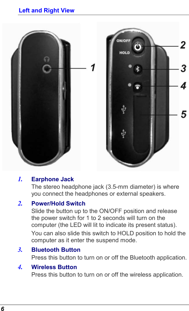  6 Left and Right View  1.  Earphone Jack The stereo headphone jack (3.5-mm diameter) is where you connect the headphones or external speakers. 2.  Power/Hold Switch  Slide the button up to the ON/OFF position and release the power switch for 1 to 2 seconds will turn on the computer (the LED will lit to indicate its present status).   You can also slide this switch to HOLD position to hold the computer as it enter the suspend mode. 3.  Bluetooth Button Press this button to turn on or off the Bluetooth application. 4.  Wireless Button Press this button to turn on or off the wireless application. 