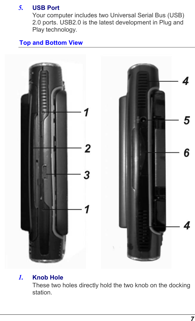  7 5.  USB Port Your computer includes two Universal Serial Bus (USB) 2.0 ports. USB2.0 is the latest development in Plug and Play technology.  Top and Bottom View  1.  Knob Hole These two holes directly hold the two knob on the docking station. 
