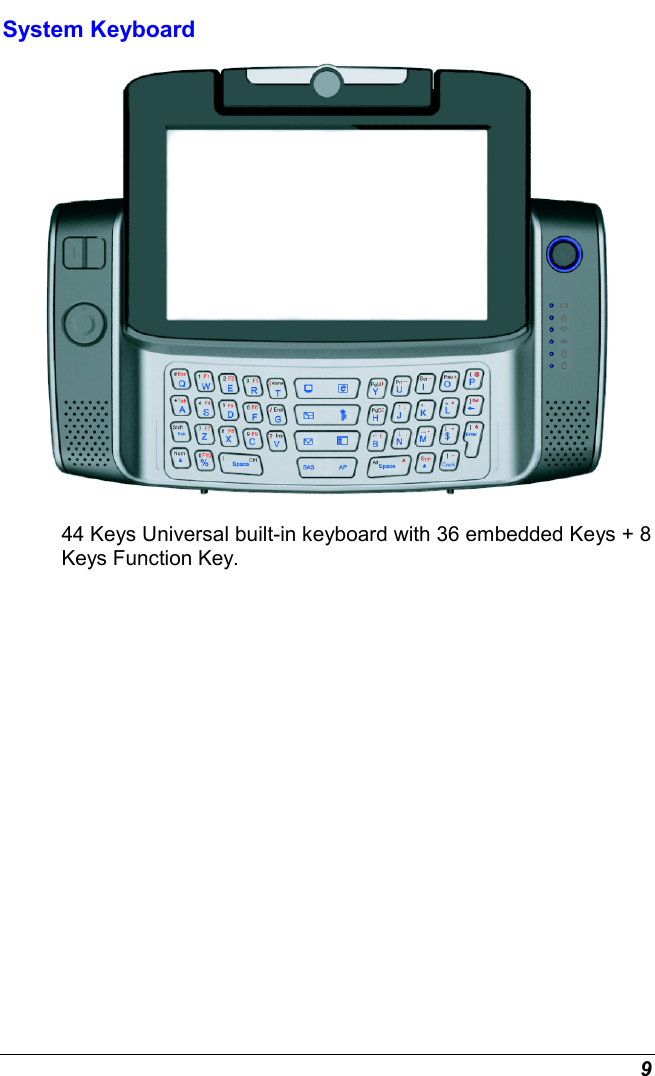  9 System Keyboard  44 Keys Universal built-in keyboard with 36 embedded Keys + 8 Keys Function Key. 