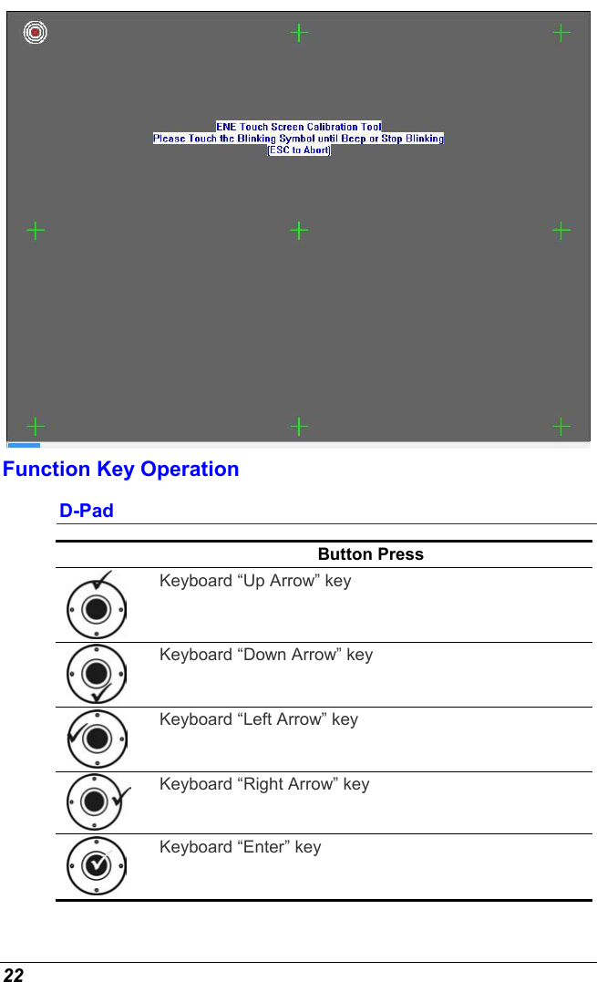  22  Function Key Operation D-Pad  Button Press  Keyboard “Up Arrow” key  Keyboard “Down Arrow” key  Keyboard “Left Arrow” key  Keyboard “Right Arrow” key  Keyboard “Enter” key 