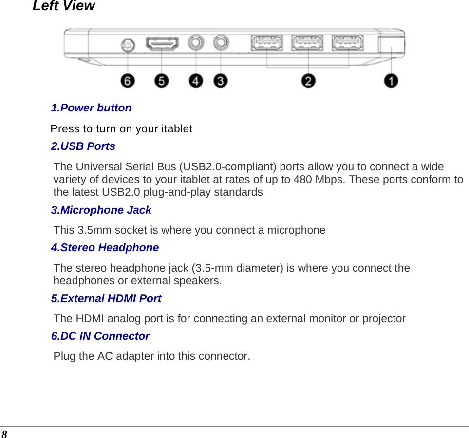  8  Left View  1.Power button Press to turn on your itablet 2.USB Ports The Universal Serial Bus (USB2.0-compliant) ports allow you to connect a wide variety of devices to your itablet at rates of up to 480 Mbps. These ports conform to the latest USB2.0 plug-and-play standards 3.Microphone Jack This 3.5mm socket is where you connect a microphone 4.Stereo Headphone The stereo headphone jack (3.5-mm diameter) is where you connect the headphones or external speakers. 5.External HDMI Port The HDMI analog port is for connecting an external monitor or projector 6.DC IN Connector Plug the AC adapter into this connector.    