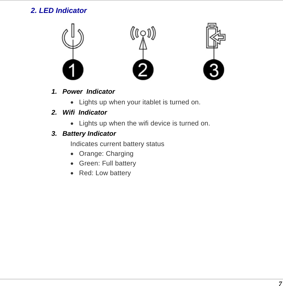  7 2. LED Indicator  1.  Power  Indicator •  Lights up when your itablet is turned on. 2.  Wifi  Indicator •  Lights up when the wifi device is turned on. 3. Battery Indicator Indicates current battery status • Orange: Charging  • Green: Full battery •  Red: Low battery       