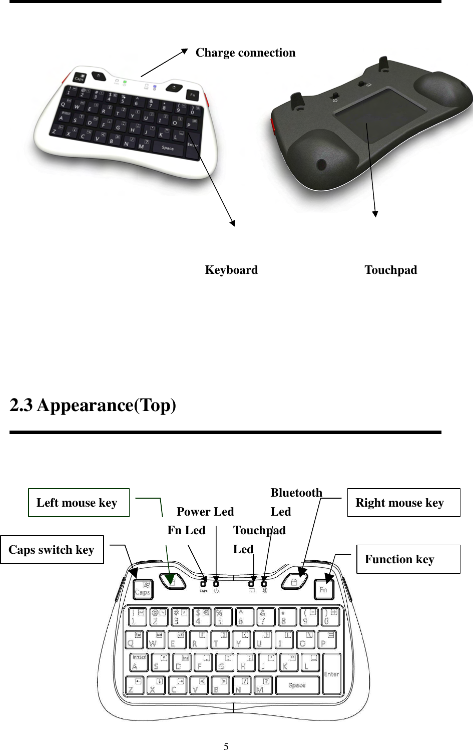   5      2.3 Appearance(Top)         Power Led Touchpad Led Caps switch key Left mouse key Function key   Fn Led Bluetooth Led  Right mouse key Keyboard Charge connection Touchpad 