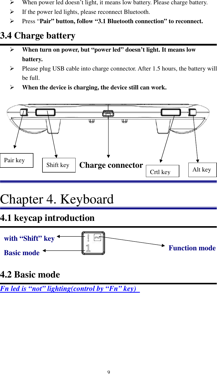   9 When power led doesn’t light, it means low battery. Please charge battery.  If the power led lights, please reconnect Bluetooth.  Press “Pair” button, follow “3.1 Bluetooth connection” to reconnect. 3.4 Charge battery  When turn on power, but “power led” doesn’t light. It means low battery.  Please plug USB cable into charge connector. After 1.5 hours, the battery will be full.  When the device is charging, the device still can work.        Chapter 4. Keyboard 4.1 keycap introduction     4.2 Basic mode   Fn led is “not” lighting(control by “Fn” key)   Pair key  Shift key Crtl key Alt key Charge connector Basic mode  Function mode with “Shift” key 