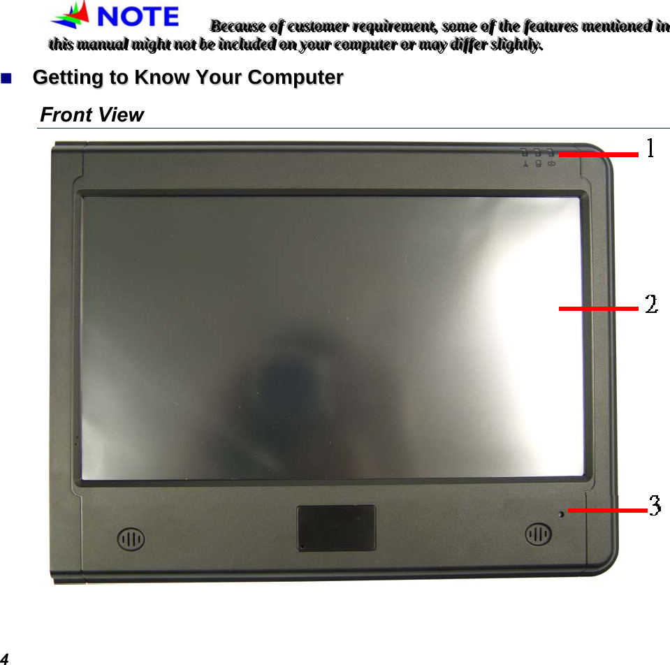  4 BBBeeecccaaauuussseee   ooofff   cccuuussstttooommmeeerrr   rrreeeqqquuuiiirrreeemmmeeennnttt,,,   sssooommmeee   ooofff   ttthhheee   fffeeeaaatttuuurrreeesss   mmmeeennntttiiiooonnneeeddd   iiinnn   ttthhhiiisss   mmmaaannnuuuaaalll   mmmiiiggghhhttt   nnnooottt   bbbeee   iiinnncccllluuudddeeeddd   ooonnn   yyyooouuurrr   cccooommmpppuuuttteeerrr   ooorrr   mmmaaayyy   dddiiiffffffeeerrr   sssllliiiggghhhtttlllyyy...     GGeettttiinngg  ttoo  KKnnooww  YYoouurr  CCoommppuutteerr        Front View      
