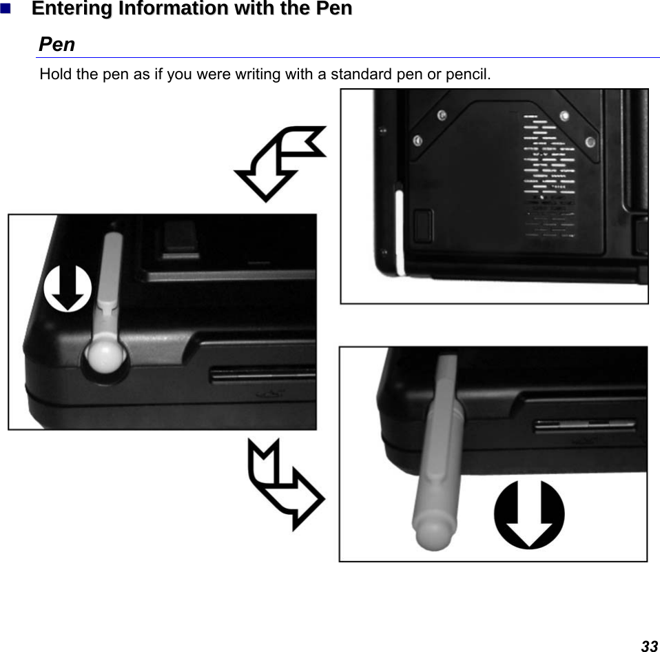  33   EEnntteerriinngg  IInnffoorrmmaattiioonn  wwiitthh  tthhee  PPeenn  Pen Hold the pen as if you were writing with a standard pen or pencil.    