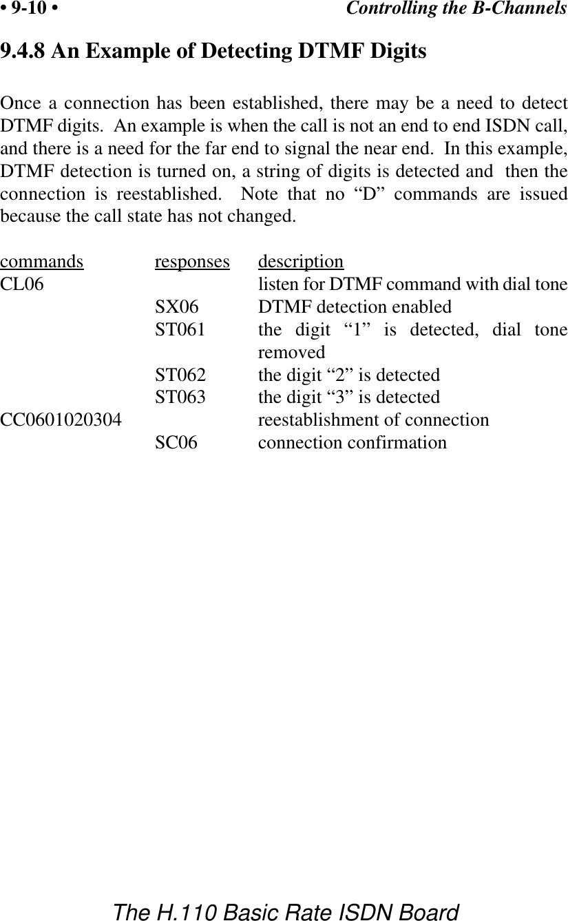 Controlling the B-Channels&bull; 9-10 &bull;The H.110 Basic Rate ISDN Board9.4.8 An Example of Detecting DTMF DigitsOnce a connection has been established, there may be a need to detectDTMF digits.  An example is when the call is not an end to end ISDN call,and there is a need for the far end to signal the near end.  In this example,DTMF detection is turned on, a string of digits is detected and  then theconnection is reestablished.  Note that no &ldquo;D&rdquo; commands are issuedbecause the call state has not changed.commands responses descriptionCL06 listen for DTMF command with dial toneSX06 DTMF detection enabledST061 the digit &ldquo;1&rdquo; is detected, dial toneremovedST062 the digit &ldquo;2&rdquo; is detectedST063 the digit &ldquo;3&rdquo; is detectedCC0601020304 reestablishment of connectionSC06 connection confirmation