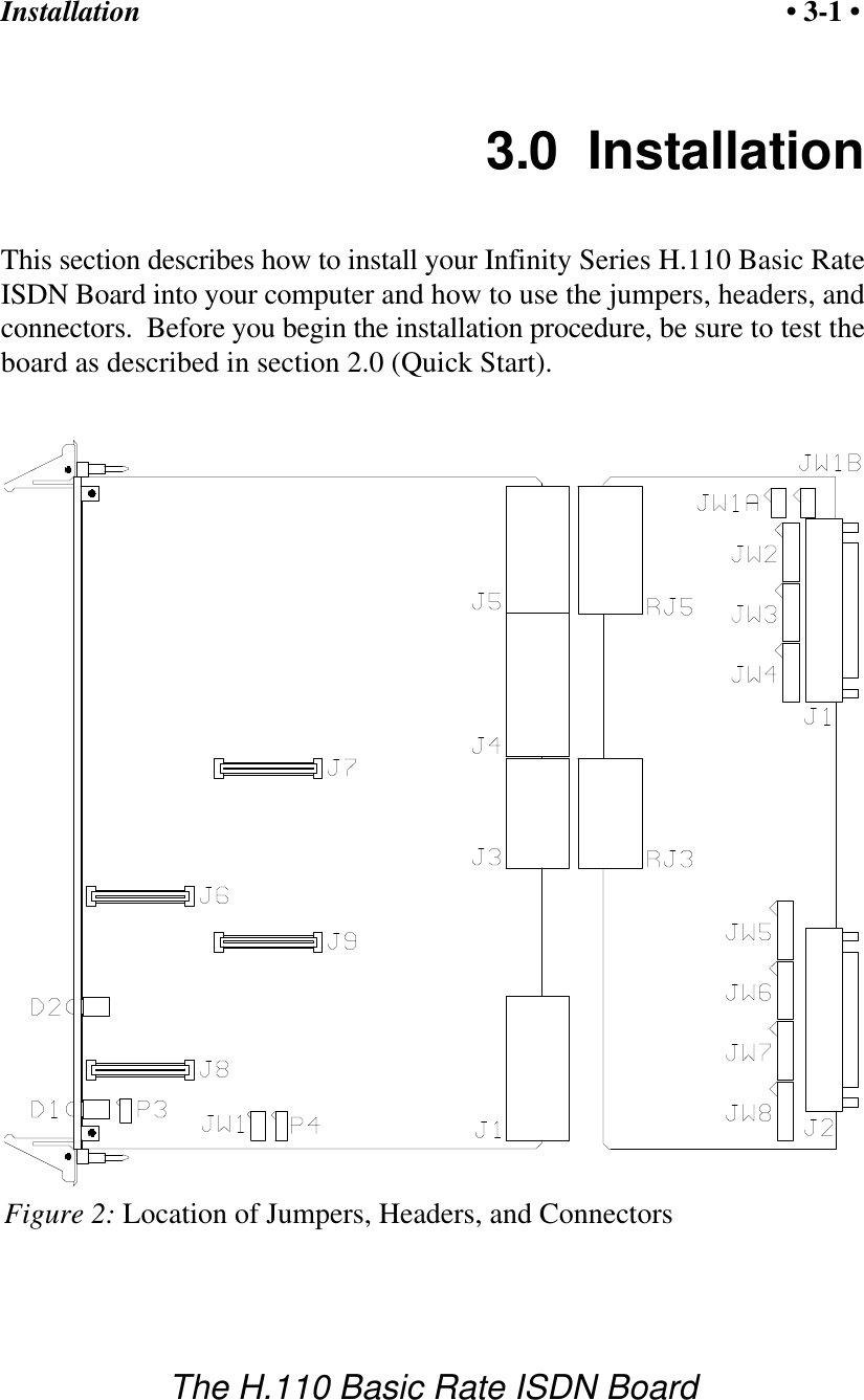 Installation &bull; 3-1 &bull;The H.110 Basic Rate ISDN BoardFigure 2: Location of Jumpers, Headers, and Connectors3.0  InstallationThis section describes how to install your Infinity Series H.110 Basic RateISDN Board into your computer and how to use the jumpers, headers, andconnectors.  Before you begin the installation procedure, be sure to test theboard as described in section 2.0 (Quick Start).