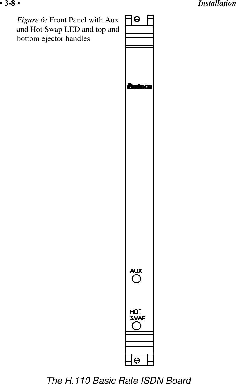 Installation&bull; 3-8 &bull;The H.110 Basic Rate ISDN BoardFigure 6: Front Panel with Auxand Hot Swap LED and top andbottom ejector handles