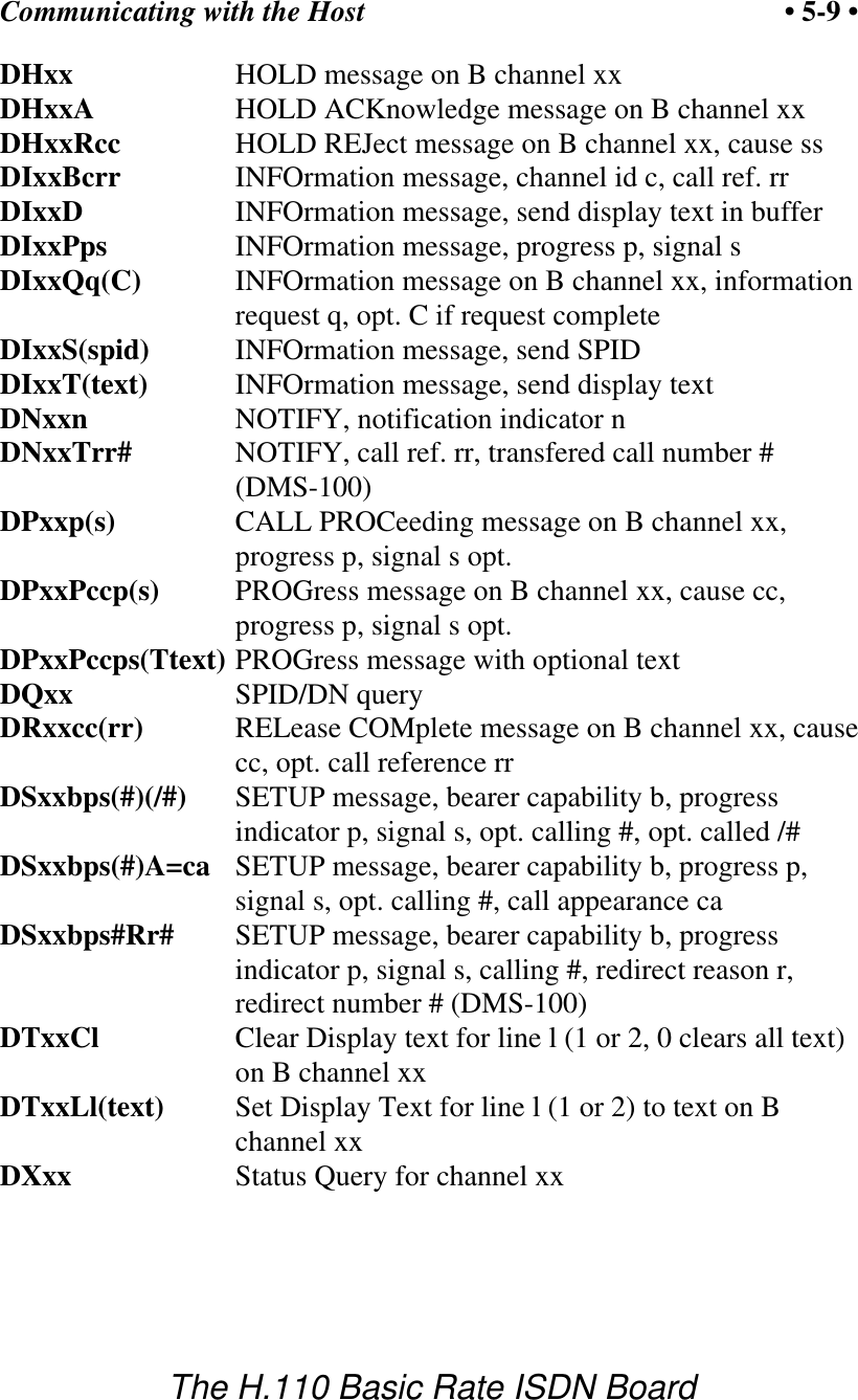 Communicating with the Host &bull; 5-9 &bull;The H.110 Basic Rate ISDN BoardDHxx HOLD message on B channel xxDHxxA HOLD ACKnowledge message on B channel xxDHxxRcc HOLD REJect message on B channel xx, cause ssDIxxBcrr INFOrmation message, channel id c, call ref. rrDIxxD INFOrmation message, send display text in bufferDIxxPps INFOrmation message, progress p, signal sDIxxQq(C) INFOrmation message on B channel xx, informationrequest q, opt. C if request completeDIxxS(spid) INFOrmation message, send SPID DIxxT(text) INFOrmation message, send display textDNxxn NOTIFY, notification indicator nDNxxTrr# NOTIFY, call ref. rr, transfered call number #(DMS-100)DPxxp(s) CALL PROCeeding message on B channel xx,progress p, signal s opt.DPxxPccp(s) PROGress message on B channel xx, cause cc,progress p, signal s opt.DPxxPccps(Ttext) PROGress message with optional textDQxx SPID/DN queryDRxxcc(rr) RELease COMplete message on B channel xx, causecc, opt. call reference rrDSxxbps(#)(/#) SETUP message, bearer capability b, progressindicator p, signal s, opt. calling #, opt. called /#DSxxbps(#)A=ca SETUP message, bearer capability b, progress p,signal s, opt. calling #, call appearance caDSxxbps#Rr# SETUP message, bearer capability b, progressindicator p, signal s, calling #, redirect reason r,redirect number # (DMS-100)DTxxCl Clear Display text for line l (1 or 2, 0 clears all text)on B channel xx DTxxLl(text) Set Display Text for line l (1 or 2) to text on Bchannel xxDXxx Status Query for channel xx