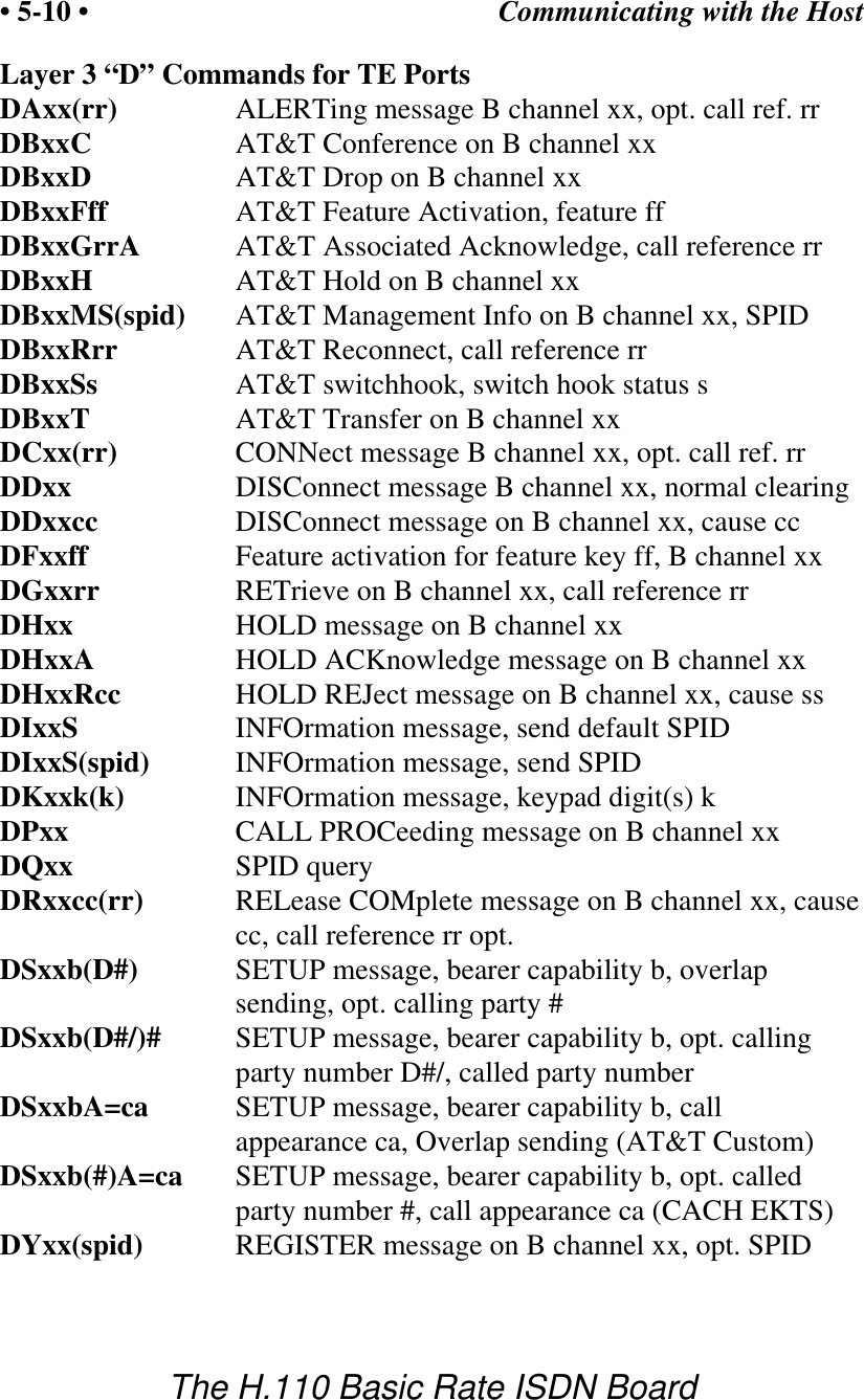 Communicating with the Host&bull; 5-10 &bull;The H.110 Basic Rate ISDN BoardLayer 3 &ldquo;D&rdquo; Commands for TE PortsDAxx(rr) ALERTing message B channel xx, opt. call ref. rrDBxxC AT&amp;T Conference on B channel xxDBxxD AT&amp;T Drop on B channel xxDBxxFff AT&amp;T Feature Activation, feature ffDBxxGrrA AT&amp;T Associated Acknowledge, call reference rrDBxxH AT&amp;T Hold on B channel xxDBxxMS(spid) AT&amp;T Management Info on B channel xx, SPIDDBxxRrr AT&amp;T Reconnect, call reference rrDBxxSs AT&amp;T switchhook, switch hook status sDBxxT AT&amp;T Transfer on B channel xxDCxx(rr) CONNect message B channel xx, opt. call ref. rrDDxx DISConnect message B channel xx, normal clearingDDxxcc DISConnect message on B channel xx, cause ccDFxxff Feature activation for feature key ff, B channel xxDGxxrr RETrieve on B channel xx, call reference rrDHxx HOLD message on B channel xxDHxxA HOLD ACKnowledge message on B channel xxDHxxRcc HOLD REJect message on B channel xx, cause ssDIxxS INFOrmation message, send default SPIDDIxxS(spid) INFOrmation message, send SPID DKxxk(k) INFOrmation message, keypad digit(s) kDPxx CALL PROCeeding message on B channel xx DQxx SPID queryDRxxcc(rr) RELease COMplete message on B channel xx, causecc, call reference rr opt.DSxxb(D#) SETUP message, bearer capability b, overlapsending, opt. calling party #DSxxb(D#/)# SETUP message, bearer capability b, opt. callingparty number D#/, called party numberDSxxbA=ca SETUP message, bearer capability b, callappearance ca, Overlap sending (AT&amp;T Custom)DSxxb(#)A=ca SETUP message, bearer capability b, opt. calledparty number #, call appearance ca (CACH EKTS)DYxx(spid) REGISTER message on B channel xx, opt. SPID