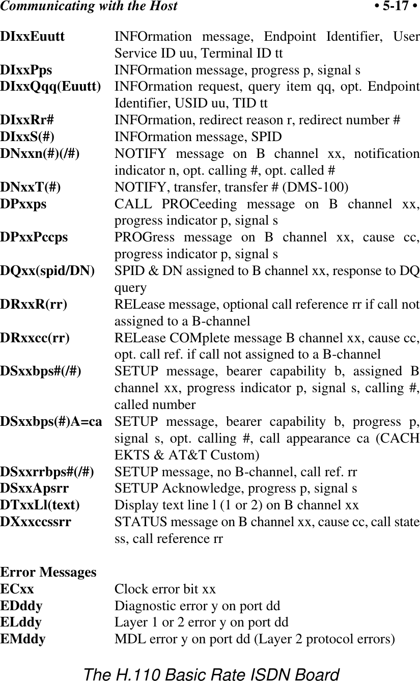 Communicating with the Host &bull; 5-17 &bull;The H.110 Basic Rate ISDN BoardDIxxEuutt INFOrmation message, Endpoint Identifier, UserService ID uu, Terminal ID ttDIxxPps INFOrmation message, progress p, signal sDIxxQqq(Euutt) INFOrmation request, query item qq, opt. EndpointIdentifier, USID uu, TID ttDIxxRr# INFOrmation, redirect reason r, redirect number #DIxxS(#) INFOrmation message, SPIDDNxxn(#)(/#) NOTIFY message on B channel xx, notificationindicator n, opt. calling #, opt. called #DNxxT(#) NOTIFY, transfer, transfer # (DMS-100)DPxxps CALL PROCeeding message on B channel xx,progress indicator p, signal sDPxxPccps PROGress message on B channel xx, cause cc,progress indicator p, signal sDQxx(spid/DN) SPID &amp; DN assigned to B channel xx, response to DQqueryDRxxR(rr) RELease message, optional call reference rr if call notassigned to a B-channelDRxxcc(rr) RELease COMplete message B channel xx, cause cc,opt. call ref. if call not assigned to a B-channelDSxxbps#(/#) SETUP message, bearer capability b, assigned Bchannel xx, progress indicator p, signal s, calling #,called numberDSxxbps(#)A=ca SETUP message, bearer capability b, progress p,signal s, opt. calling #, call appearance ca (CACHEKTS &amp; AT&amp;T Custom)DSxxrrbps#(/#) SETUP message, no B-channel, call ref. rrDSxxApsrr SETUP Acknowledge, progress p, signal sDTxxLl(text) Display text line l (1 or 2) on B channel xxDXxxccssrr STATUS message on B channel xx, cause cc, call statess, call reference rrError MessagesECxx Clock error bit xxEDddy Diagnostic error y on port ddELddy Layer 1 or 2 error y on port ddEMddy MDL error y on port dd (Layer 2 protocol errors)