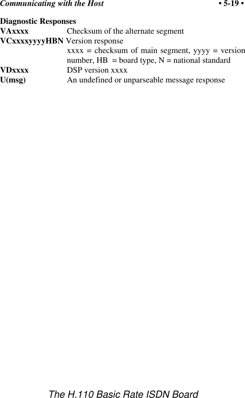 Communicating with the Host &bull; 5-19 &bull;The H.110 Basic Rate ISDN BoardDiagnostic ResponsesVAxxxx Checksum of the alternate segmentVCxxxxyyyyHBN Version responsexxxx = checksum of main segment, yyyy = versionnumber, HB  = board type, N = national standard VDxxxx DSP version xxxxU(msg)     An undefined or unparseable message response