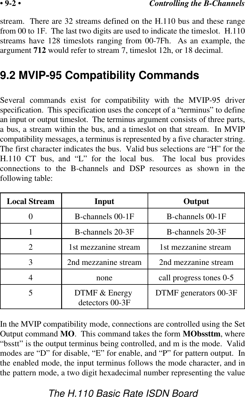 Controlling the B-Channels&bull; 9-2 &bull;The H.110 Basic Rate ISDN Boardstream.  There are 32 streams defined on the H.110 bus and these rangefrom 00 to 1F.  The last two digits are used to indicate the timeslot.  H.110streams have 128 timeslots ranging from 00-7Fh.  As an example, theargument 712 would refer to stream 7, timeslot 12h, or 18 decimal.9.2 MVIP-95 Compatibility CommandsSeveral commands exist for compatibility with the MVIP-95 driverspecification.  This specification uses the concept of a &ldquo;terminus&rdquo; to definean input or output timeslot.  The terminus argument consists of three parts,a bus, a stream within the bus, and a timeslot on that stream.  In MVIPcompatibility messages, a terminus is represented by a five character string.The first character indicates the bus.  Valid bus selections are &ldquo;H&rdquo; for theH.110 CT bus, and &ldquo;L&rdquo; for the local bus.  The local bus providesconnections to the B-channels and DSP resources as shown in thefollowing table:Local Stream Input Output0B-channels 00-1F B-channels 00-1F1B-channels 20-3F B-channels 20-3F21st mezzanine stream 1st mezzanine stream 32nd mezzanine stream 2nd mezzanine stream4none call progress tones 0-55DTMF &amp; Energy  DTMF generators 00-3Fdetectors 00-3F In the MVIP compatibility mode, connections are controlled using the SetOutput command MO.  This command takes the form MObssttm, where&ldquo;bsstt&rdquo; is the output terminus being controlled, and m is the mode.  Validmodes are &ldquo;D&rdquo; for disable, &ldquo;E&rdquo; for enable, and &ldquo;P&rdquo; for pattern output.  Inthe enabled mode, the input terminus follows the mode character, and inthe pattern mode, a two digit hexadecimal number representing the value