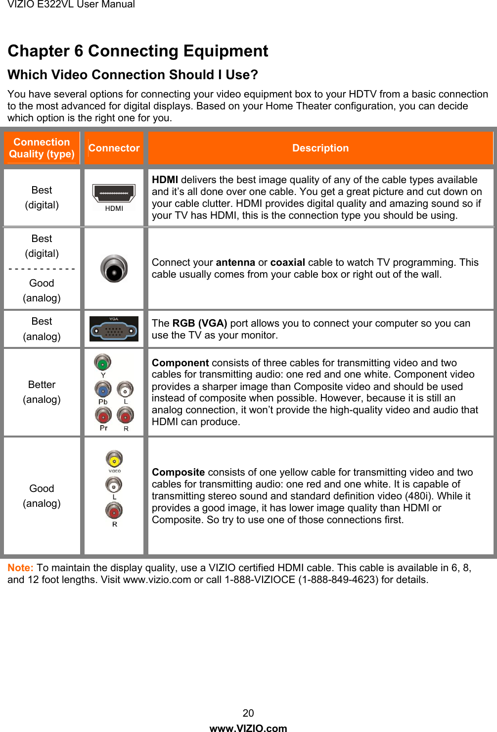 VIZIO E322VL User Manual  20 www.VIZIO.com Chapter 6 Connecting Equipment Which Video Connection Should I Use? You have several options for connecting your video equipment box to your HDTV from a basic connection to the most advanced for digital displays. Based on your Home Theater configuration, you can decide which option is the right one for you.  Connection Quality (type)  Connector  Description Best (digital)   HDMI delivers the best image quality of any of the cable types available and it’s all done over one cable. You get a great picture and cut down on your cable clutter. HDMI provides digital quality and amazing sound so if your TV has HDMI, this is the connection type you should be using. Best (digital) - - - - - - - - - - - Good (analog)  Connect your antenna or coaxial cable to watch TV programming. This cable usually comes from your cable box or right out of the wall.  Best (analog)   The RGB (VGA) port allows you to connect your computer so you can use the TV as your monitor. Better (analog)  Component consists of three cables for transmitting video and two cables for transmitting audio: one red and one white. Component video provides a sharper image than Composite video and should be used instead of composite when possible. However, because it is still an analog connection, it won’t provide the high-quality video and audio that HDMI can produce. Good (analog)   Composite consists of one yellow cable for transmitting video and two cables for transmitting audio: one red and one white. It is capable of transmitting stereo sound and standard definition video (480i). While it provides a good image, it has lower image quality than HDMI or Composite. So try to use one of those connections first. Note: To maintain the display quality, use a VIZIO certified HDMI cable. This cable is available in 6, 8, and 12 foot lengths. Visit www.vizio.com or call 1-888-VIZIOCE (1-888-849-4623) for details. 