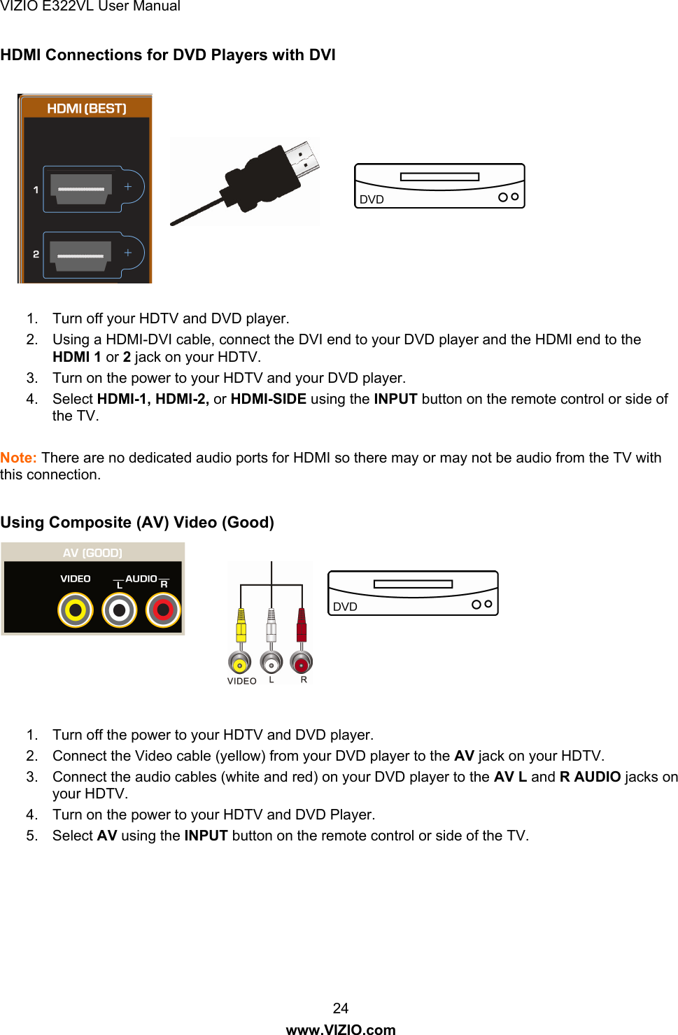 VIZIO E322VL User Manual  24 www.VIZIO.com HDMI Connections for DVD Players with DVI   1.  Turn off your HDTV and DVD player.  2.  Using a HDMI-DVI cable, connect the DVI end to your DVD player and the HDMI end to the HDMI 1 or 2 jack on your HDTV. 3.  Turn on the power to your HDTV and your DVD player. 4. Select HDMI-1, HDMI-2, or HDMI-SIDE using the INPUT button on the remote control or side of the TV.  Note: There are no dedicated audio ports for HDMI so there may or may not be audio from the TV with this connection.  Using Composite (AV) Video (Good)    1.  Turn off the power to your HDTV and DVD player. 2.  Connect the Video cable (yellow) from your DVD player to the AV jack on your HDTV. 3.  Connect the audio cables (white and red) on your DVD player to the AV L and R AUDIO jacks on your HDTV. 4.  Turn on the power to your HDTV and DVD Player. 5. Select AV using the INPUT button on the remote control or side of the TV.  