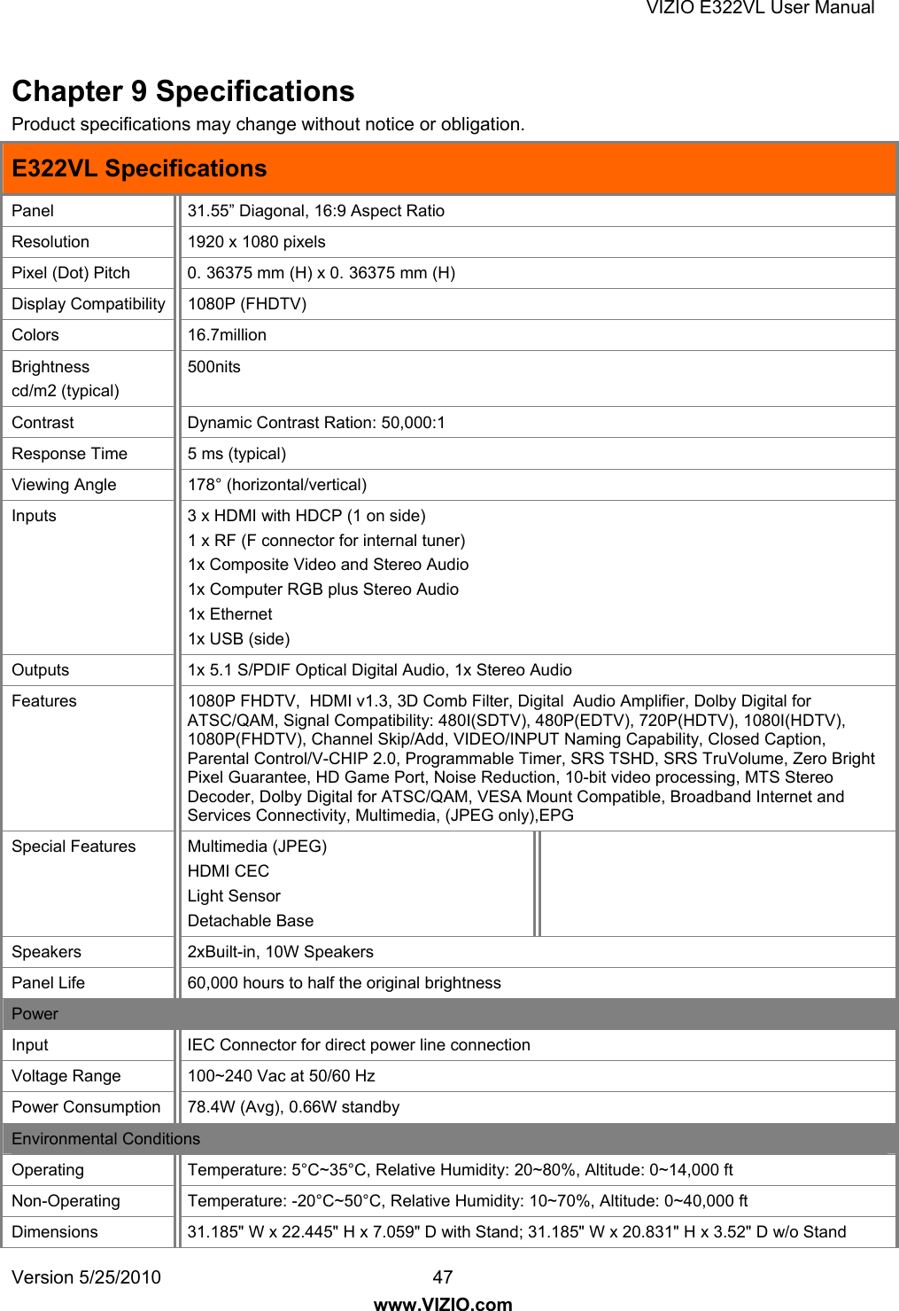 VIZIO E322VL User Manual Version 5/25/2010  47 www.VIZIO.com Chapter 9 Specifications Product specifications may change without notice or obligation. E322VL Specifications Panel  31.55” Diagonal, 16:9 Aspect Ratio Resolution  1920 x 1080 pixels Pixel (Dot) Pitch  0. 36375 mm (H) x 0. 36375 mm (H) Display Compatibility  1080P (FHDTV) Colors 16.7million Brightness cd/m2 (typical) 500nits Contrast Dynamic Contrast Ration: 50,000:1 Response Time  5 ms (typical) Viewing Angle  178° (horizontal/vertical) Inputs  3 x HDMI with HDCP (1 on side) 1 x RF (F connector for internal tuner) 1x Composite Video and Stereo Audio 1x Computer RGB plus Stereo Audio 1x Ethernet 1x USB (side) Outputs  1x 5.1 S/PDIF Optical Digital Audio, 1x Stereo Audio  Features  1080P FHDTV,  HDMI v1.3, 3D Comb Filter, Digital  Audio Amplifier, Dolby Digital for ATSC/QAM, Signal Compatibility: 480I(SDTV), 480P(EDTV), 720P(HDTV), 1080I(HDTV), 1080P(FHDTV), Channel Skip/Add, VIDEO/INPUT Naming Capability, Closed Caption, Parental Control/V-CHIP 2.0, Programmable Timer, SRS TSHD, SRS TruVolume, Zero Bright Pixel Guarantee, HD Game Port, Noise Reduction, 10-bit video processing, MTS Stereo Decoder, Dolby Digital for ATSC/QAM, VESA Mount Compatible, Broadband Internet and Services Connectivity, Multimedia, (JPEG only),EPG Special Features  Multimedia (JPEG) HDMI CEC Light Sensor Detachable Base  Speakers  2xBuilt-in, 10W Speakers Panel Life  60,000 hours to half the original brightness Power Input  IEC Connector for direct power line connection Voltage Range  100~240 Vac at 50/60 Hz  Power Consumption  78.4W (Avg), 0.66W standby Environmental Conditions Operating Temperature: 5°C~35°C, Relative Humidity: 20~80%, Altitude: 0~14,000 ft Non-Operating  Temperature: -20°C~50°C, Relative Humidity: 10~70%, Altitude: 0~40,000 ft Dimensions  31.185&quot; W x 22.445&quot; H x 7.059&quot; D with Stand; 31.185&quot; W x 20.831&quot; H x 3.52&quot; D w/o Stand 